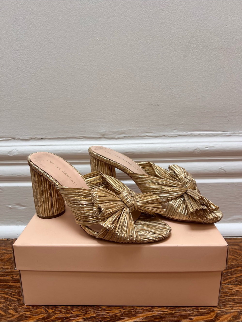 Loeffler Randall Metallic Gold Pleated Bow Heels
